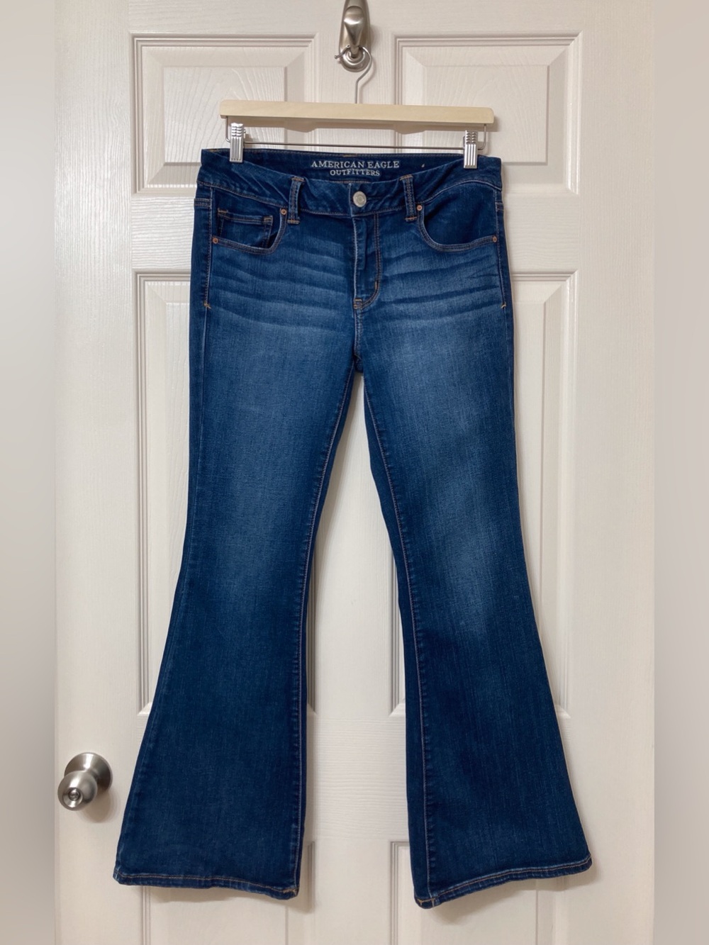 American Eagle Dark Wash Flare Leg Boho Artist Jeans 10 Short Indie Retro Y2K